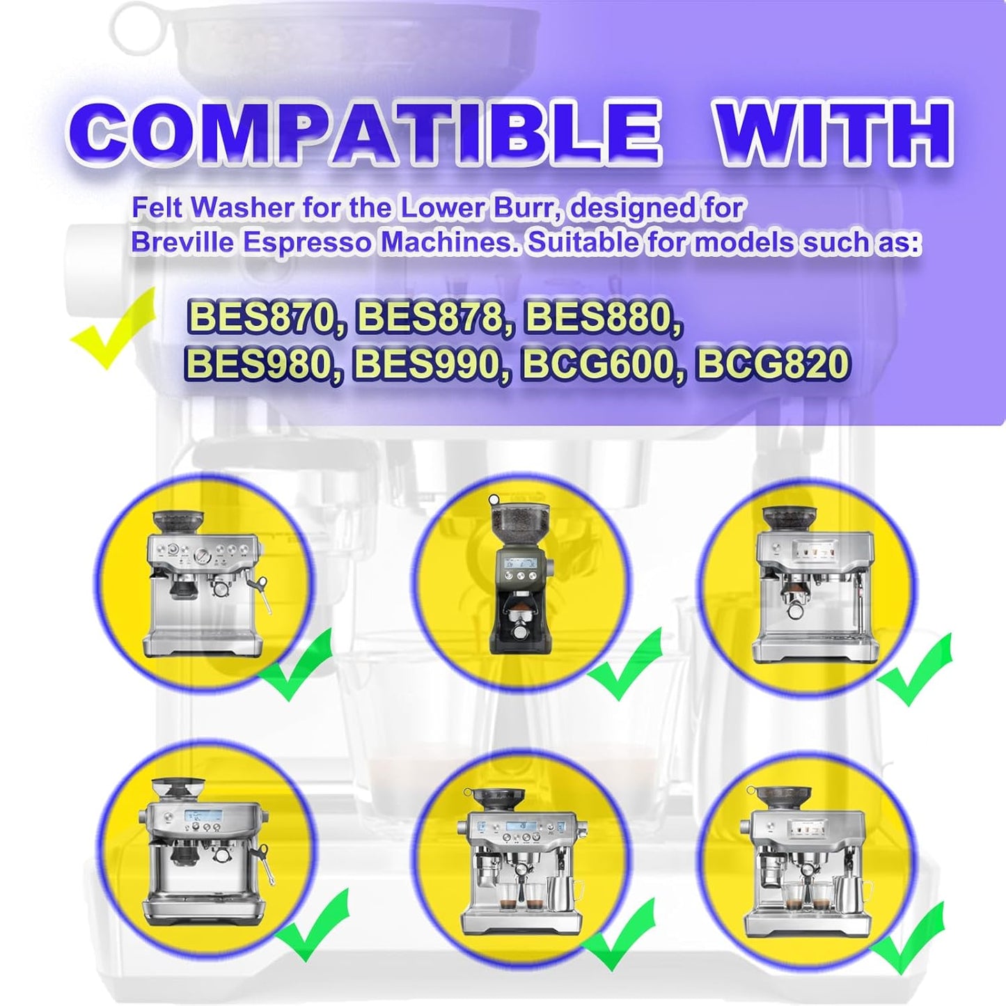 6-Piece Felt Washer Replacement for Breville Espresso Machine Grinders - Compatible with BES870/BES878/BES880/BES980/BCG820 Models, Espresso Grinder Felt Ring Eiranoly