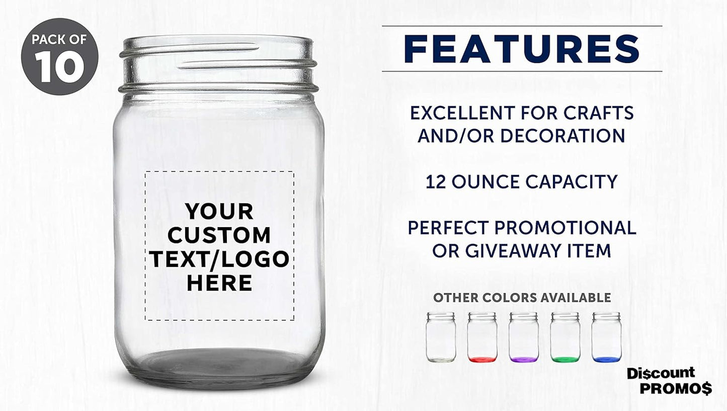 DISCOUNT PROMOS Custom Decorating Mason Jars 12 oz. Set of 10, Personalized Bulk Pack - Glass Jars for Overnight Oats, Candies, Fruits, Pickles, Spices, Beverages - Black