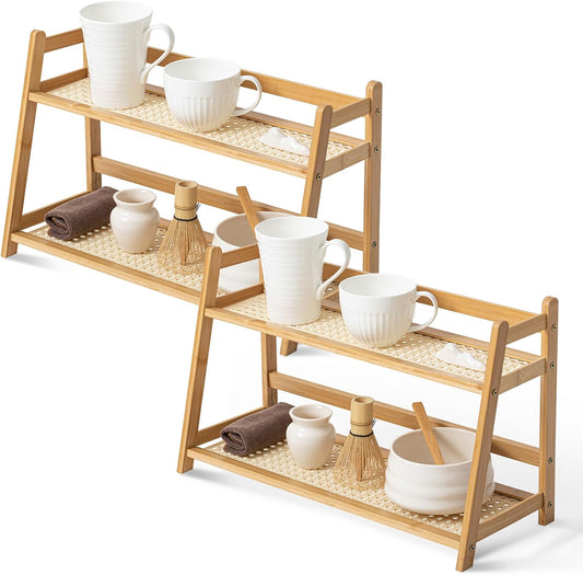2 Pcs 17.7 Inch 2 Tier Matcha Station Shelf Bamboo Coffee Mug Stand Countertop Storage Rack, Double Layer Rattan Office Cup, Kitchen, Tea, Plant, Bar Accessories Condiment Display (Wood)