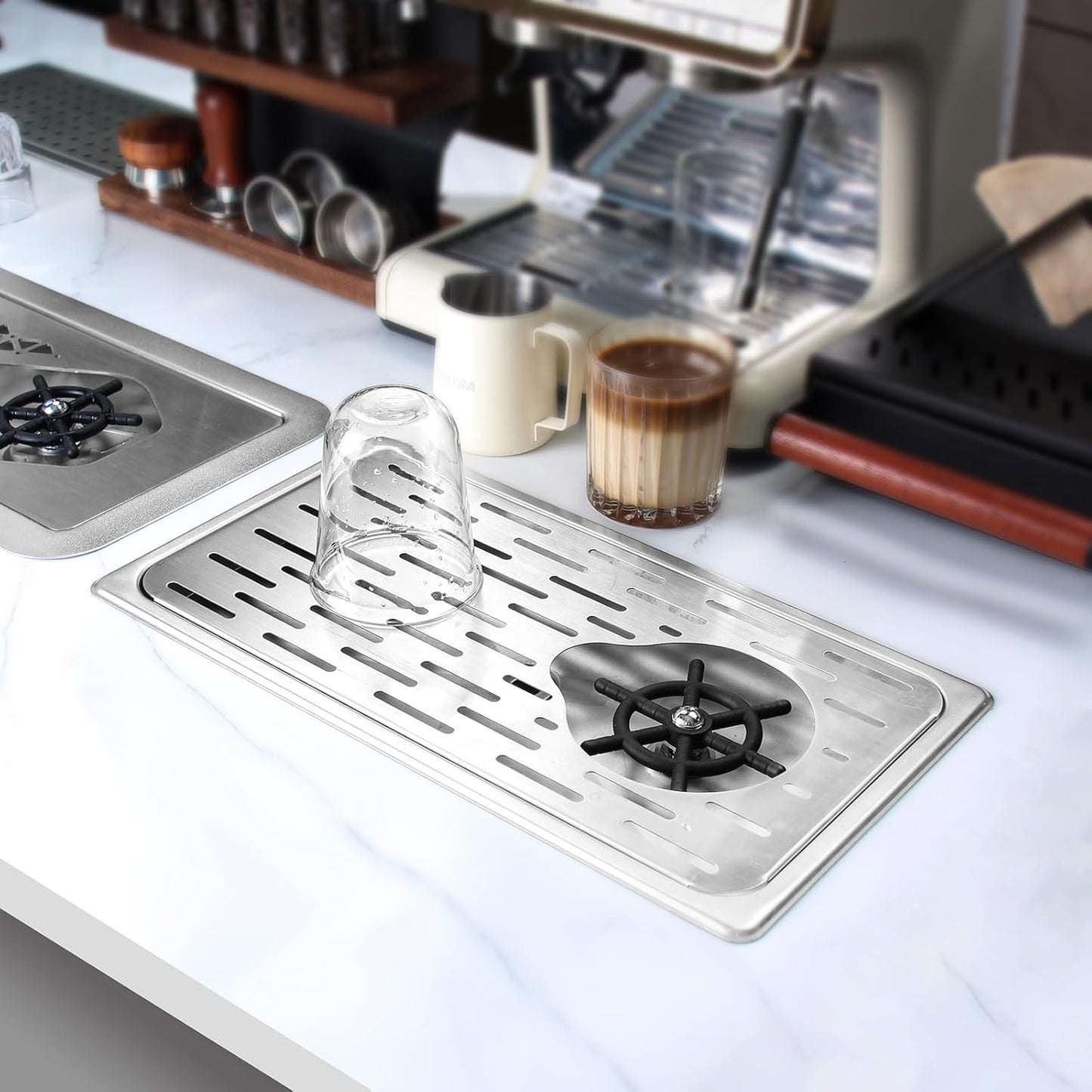 DIBTSA Pitcher Rinser, Espresso Rinser with Spray, Drain and Drip Tray, Stainless Steel Bar Glass Rinser for Sink, Cup Washer for Home Kitchen Hotel Cafe Restaurant (16.7x9.1x1.2 Inch)