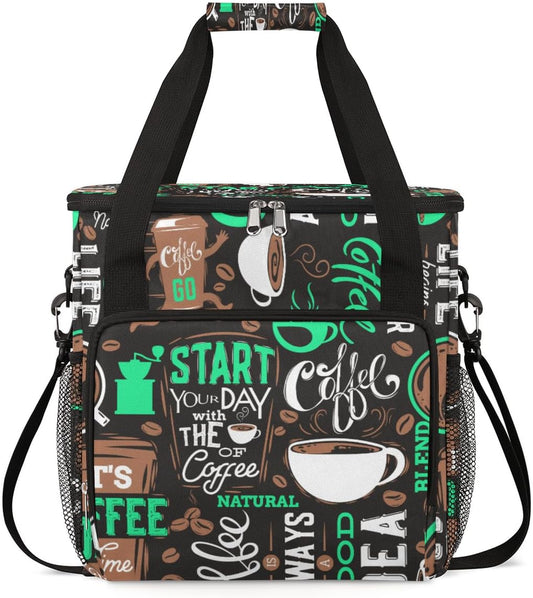 Turquoise Start Your Day With Coffee Coffee Maker Carrying Bag, Coffee Machine Travel Storage Tote Bag Compatible with K-Mini or K-Mini Plus, Portable Single Serve Coffee Brewer Case with Pockets