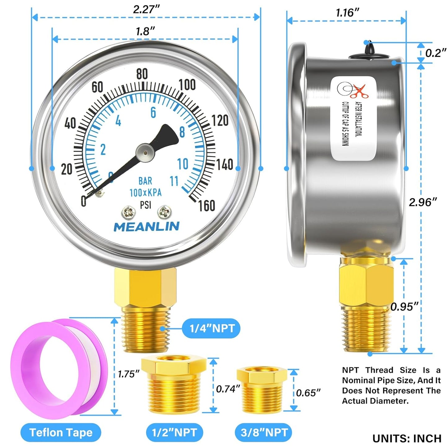 MEANLIN MEASURE 0~160Psi Dry Pressure Gauge Stainless Steel 1/4" NPT 2" FACE DIAL Waterproof for Air Compressor RV Regulator Water Pressure Tester Lower Mount, with 1/2" NPT and 3/8" NPT Hex Bushing
