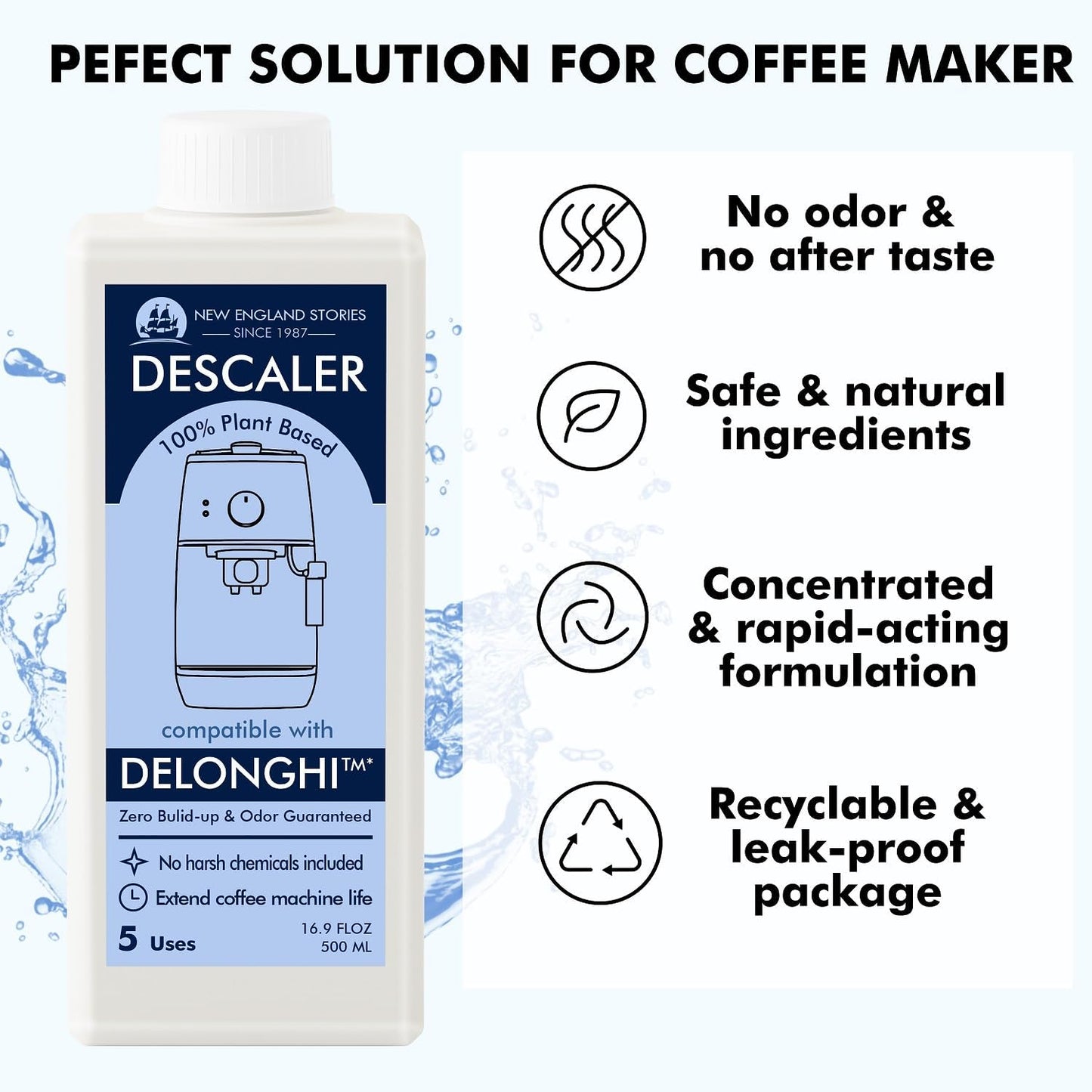 10 Uses DeLonghi Compatible Descaling Solution, Specially Designed to Clean Delonghi Coffee Machines and Maker - 33.8oz Espresso Coffee Maker Cleaner, Coffee Pot Cleaning Limescale Remover