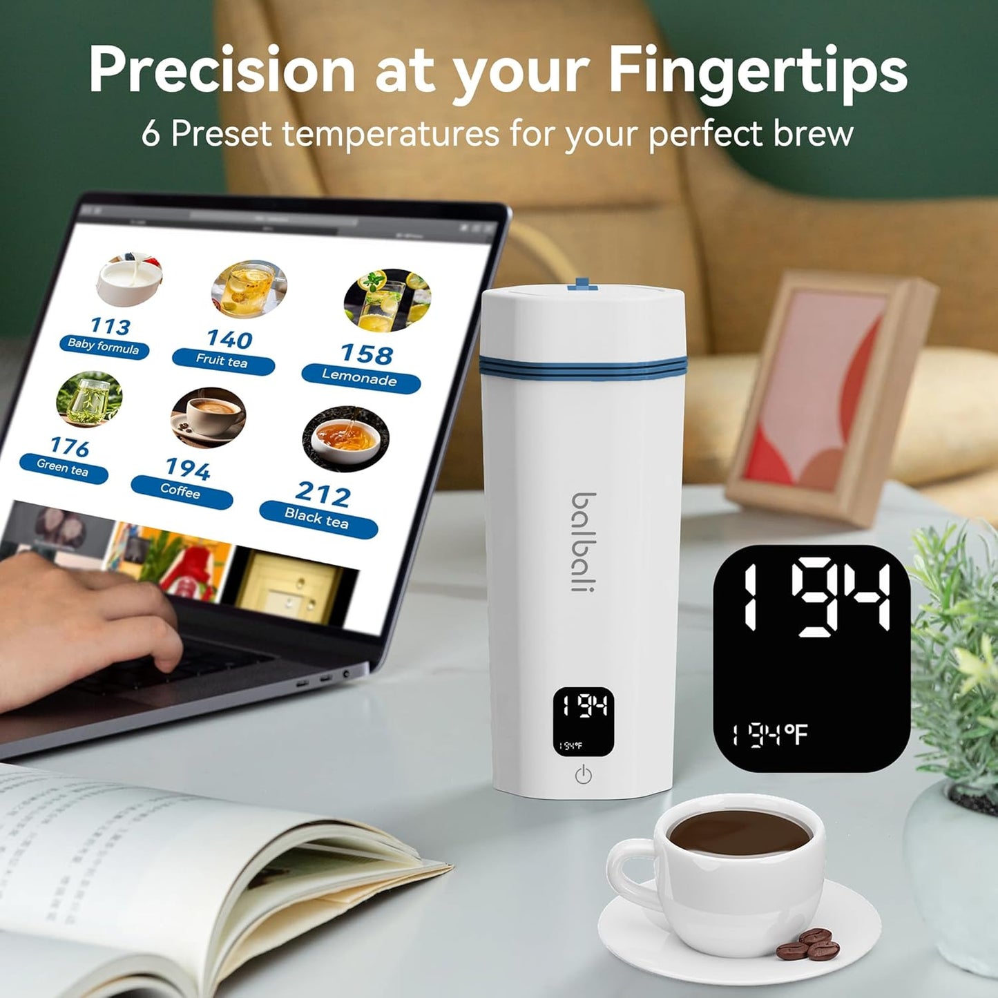 balbali Portable Tea Kettle for Travel 100-240V Dual Voltage - 6 Preset Electric Portable Water Heater for Boiling - Self Heating Cup/Thermos - 12oz Hot Water Boiler/Heater/Warmer - White