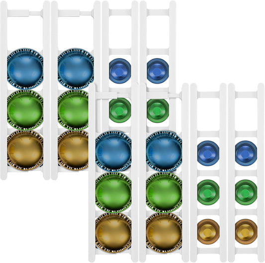 8 Pack Adhesive Coffee Pod Holder, 2 Different Size Holds 20 Capsules, Wall or Cabinet Mounted Coffee Capsule Rack with Adhesive Strips, Vertical or Horizontal Mount