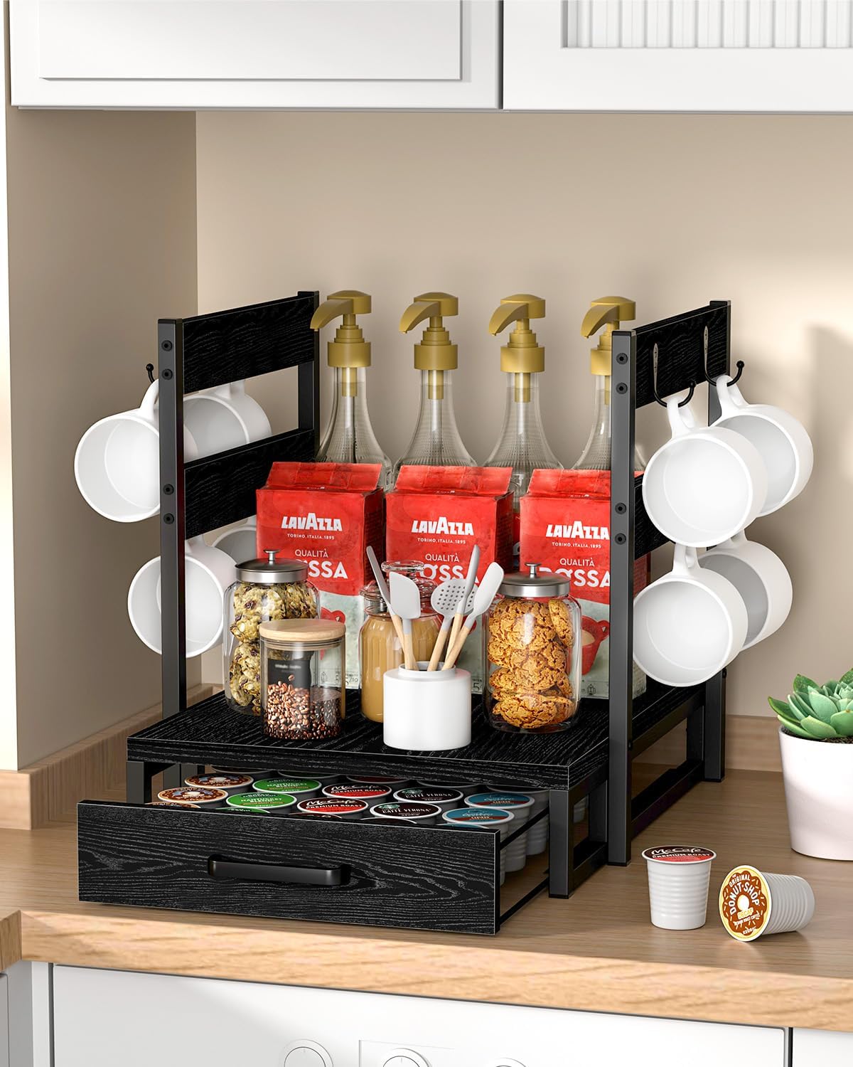 Coffee Pod Drawer for K Cup, 35 Pods K-Cup Holder Organizer with Cup Holder, Durable Coffee Maker Stand with Storage Drawer, Black