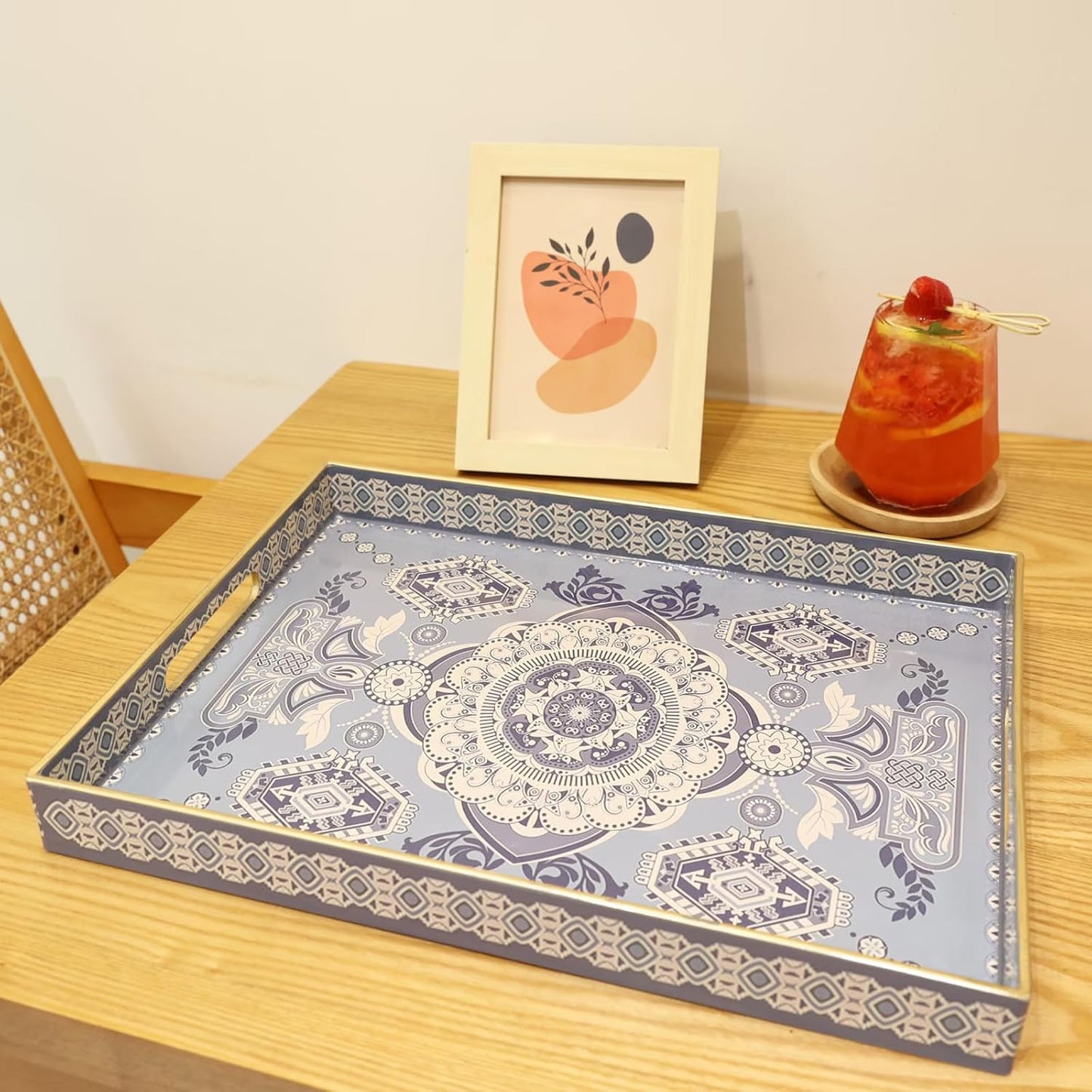 Rectangle Plastic Serving Tray with Handles, Elegant Decorative Tray for Coffee Table, Ottoman, Living Room, Kitchen, Outdoor Use. 12"*16"*1.6" B