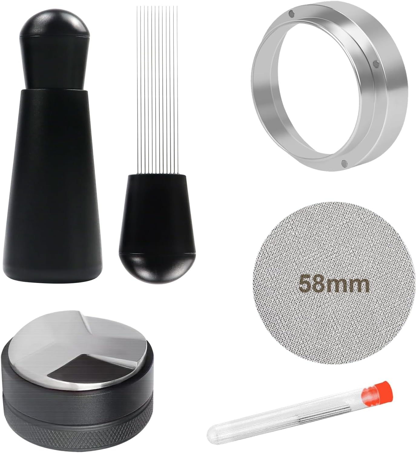 58mm Espresso Accessories,Wdt Tool espresso,Dosing Funnel And Coffee Puck Screen,Coffee Distributor,barista kit,0.4mm Stainless Steel 12pin Espresso Stirrer,With Additional 12 Replacement needles