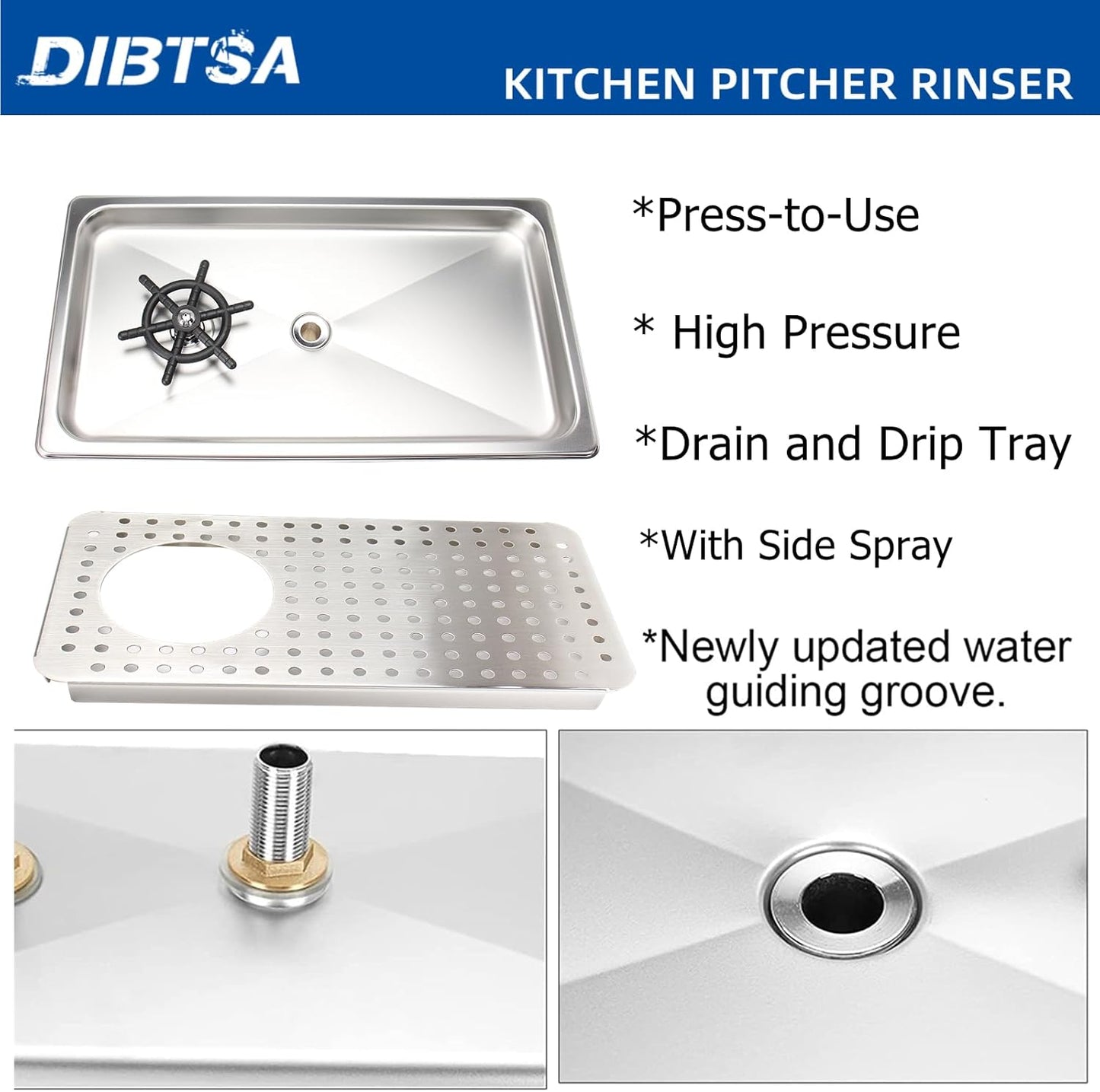 DIBTSA Glass Rinser, Stainless Steel Espresso Cup Pitcher Rinser Sink with Spray,Drain and Drip Tray, Silver Middle Size 16.65 x 8.81 x 1.1 inches