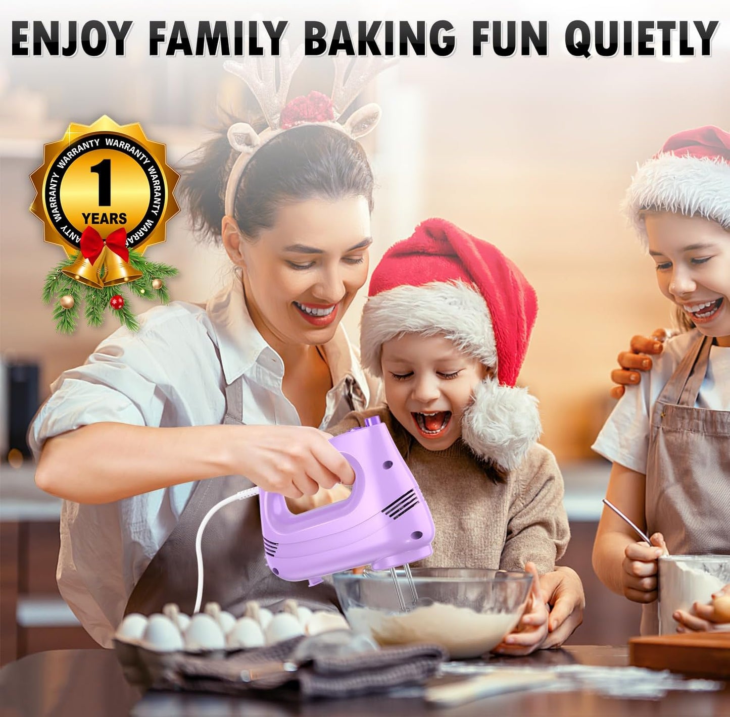 Electric Hand Mixer with Stainless Steel Whisk, Dough Hook Attachment and Storage Bag, Handheld Mixer for Baking Cakes, Eggs, Cream Food Mixers. Turbo Boost /5 Speed Kitchen Blender PURPLE