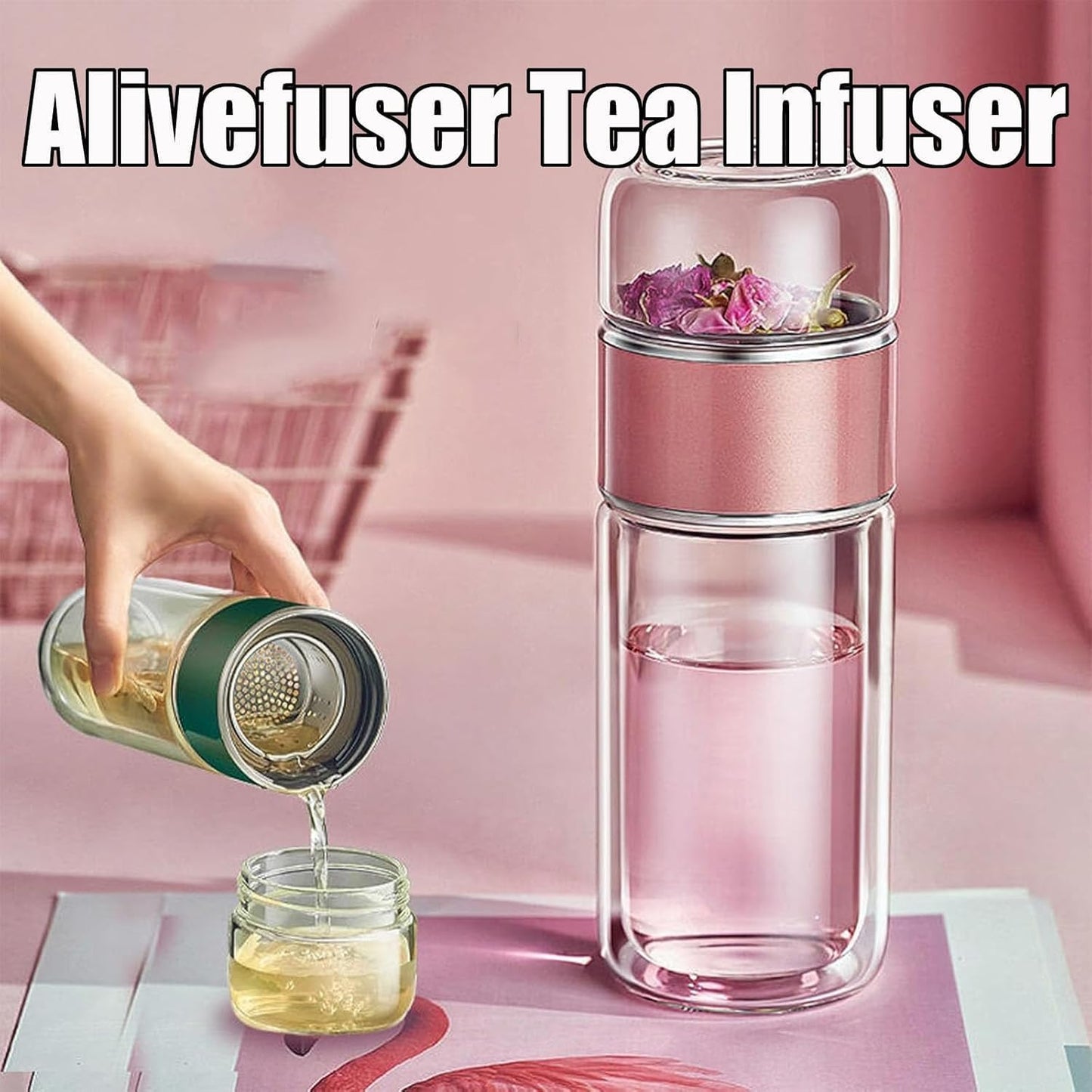 Tryteava Glass Infuser, Tryteava 3-in-1 Smart Tea Infuser, Portable Glass Double Wall Tea Infusers Bottle, with Stainless Steel Filter, Hot & Cold Brew, For Loose Leaf, Office Home (Gold, 280ml)