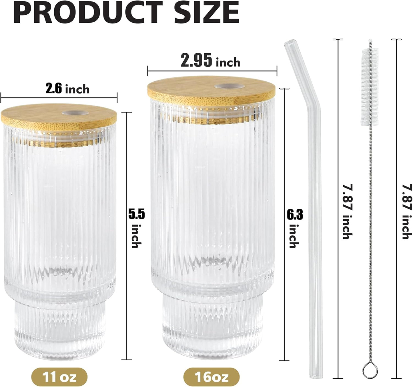 4 Pcs 11 oz Drinking Glasses Cups Set with Bamboo Lids Straws Brush Ribbed Vintage Glassware Set for Tea Iced Coffee Beer Cocktail Whiskey(Ribbed*4)