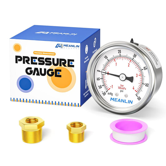 MEANLIN MEASURE -30inHG~60Psi Vacuum Gauge Stainless Steel 1/4" NPT 2" FACE DIAL Waterproof for Air Compressor HVAC Negative Pressure Hand Pump Pool Back Mount with 1/2" NPT and 3/8" NPT Hex Bushing
