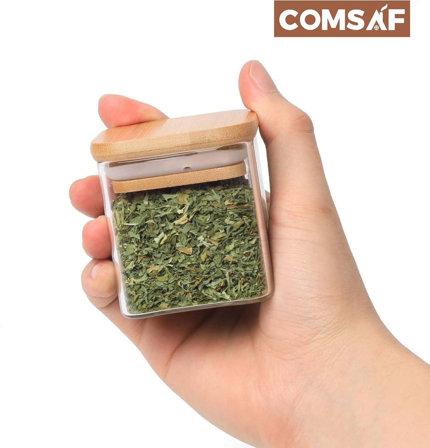 ComSaf 16Pcs Glass Spice Jars with Bamboo Lid, 4oz Airtight Square Spice Containers with 275 Black Lables, Empty Seasoning Jars for Spice Salt Sugar