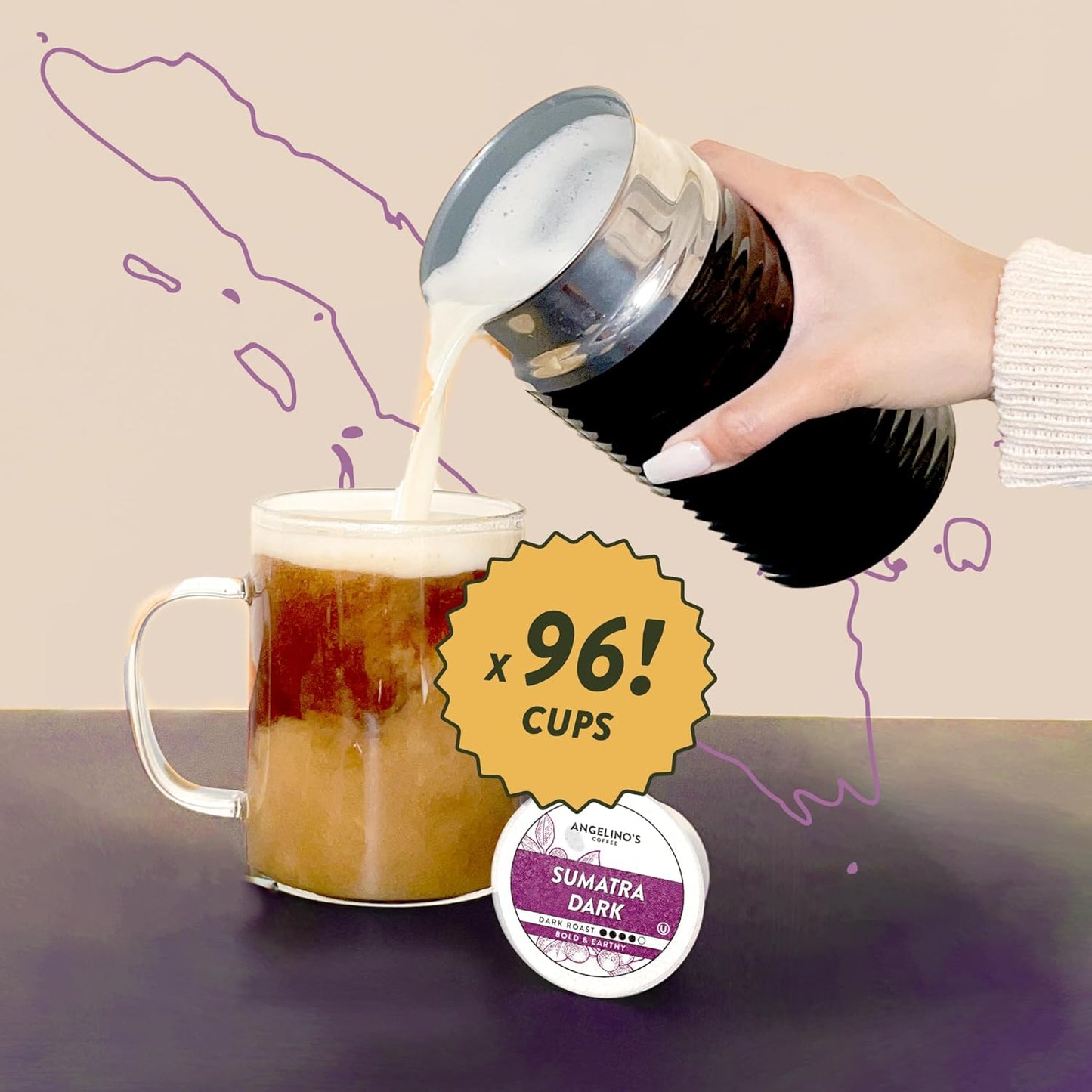 Angelino's Coffee, 96 Count, Compatible with Keurig 2.0 K-Cup Brewers (Sumatra Dark, 96 Count)