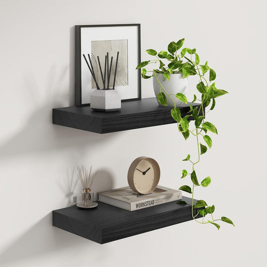 Fun Memories 9 Inch Deep Black Floating Shelves, Farmhouse Rustic Natural Wood Floating Shelf Wall Mounted, 16 x 9 Wall Shelves Set of 2, Deep Black Bathroom Shelves