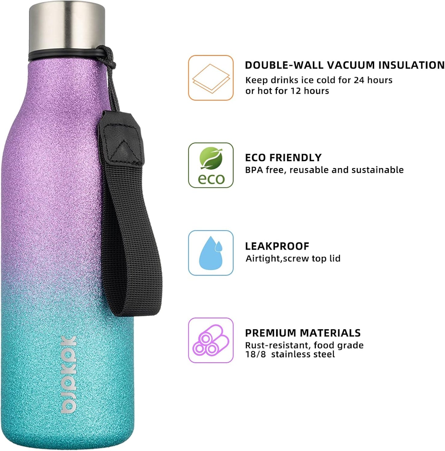 BJPKPK Insulated Water Bottles, 18 oz Stainless Steel Metal Water Bottle with Strap, BPA Free Leak Proof Thermos,Mugs,Flasks, Reusable Water Bottle for Sports & Travel,Sparkling Purple Green