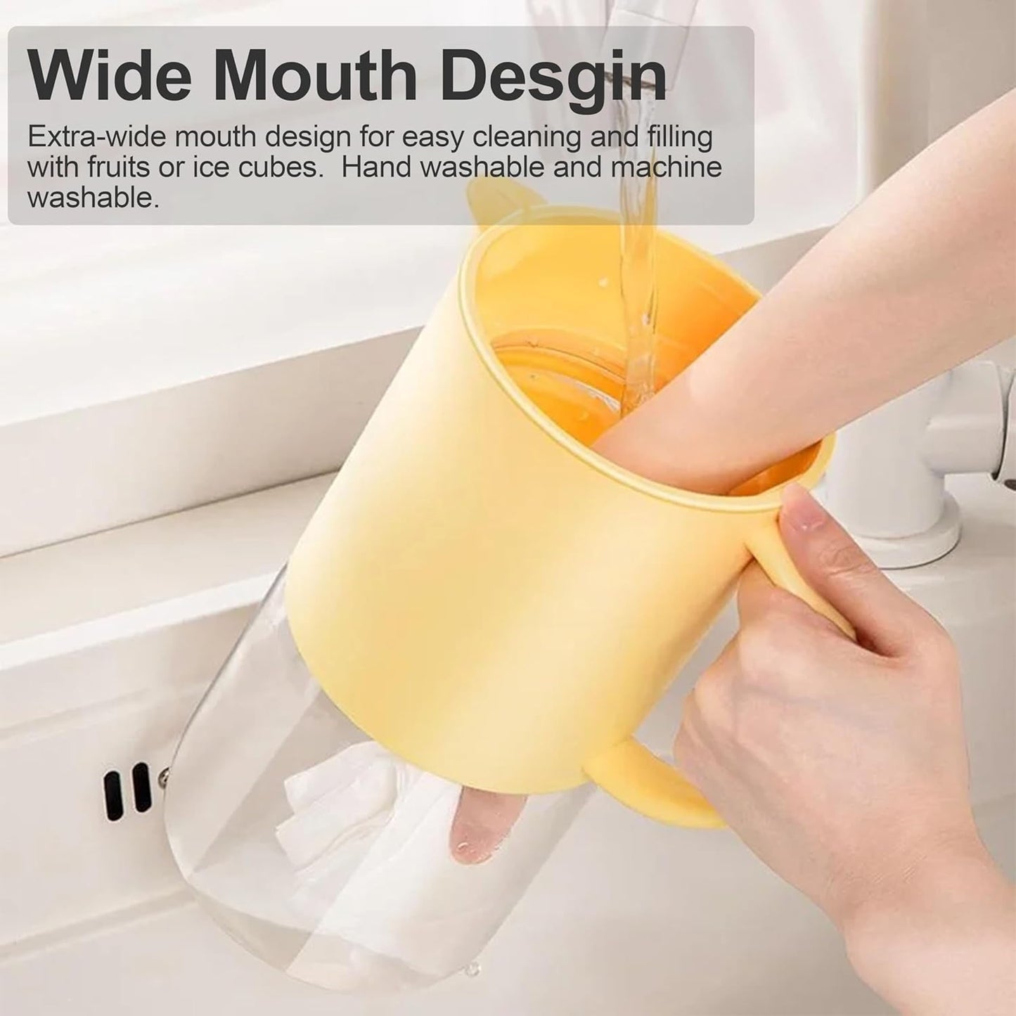 Delove Borosilicate Glass Pitcher with Lid & Auto Spout – Shatterproof Plastic Shell, Wide Mouth Design – 62 oz (1.9 Quart) Jug for Boiling Water, Iced Tea, Juice & Cold Brew Coffee (2, Yellow)