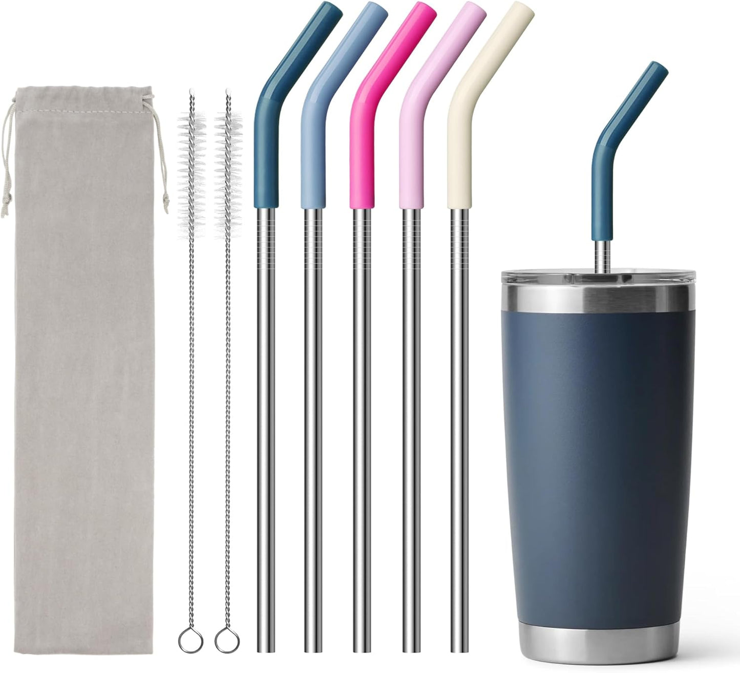 20 oz Straw for YETI Tumbler, Metal Straight Straws Reusable with Silicone Tip for 16/20 oz Glass Tumbler, Cleaning Brush, 1 Portable Bag