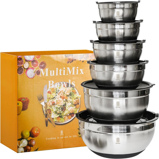 ROYDX Stainless Steel Mixing Bowls With BPA Free Airtight Lids &3 Grater Attachments,Non-Slip Bottoms- 33% Thick Metal Nesting Bowls for Mixing & Serving