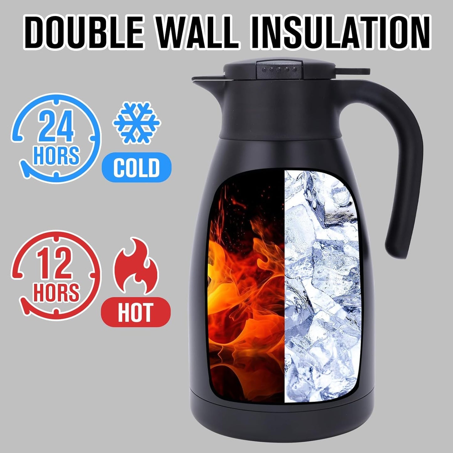 GiNT 2.2L / 74Oz Thermal Coffee Carafe, Insulated Stainless Steel Coffee Carafes for Keeping Hot/Double Walled Vacuum Thermal Carafe (Black)