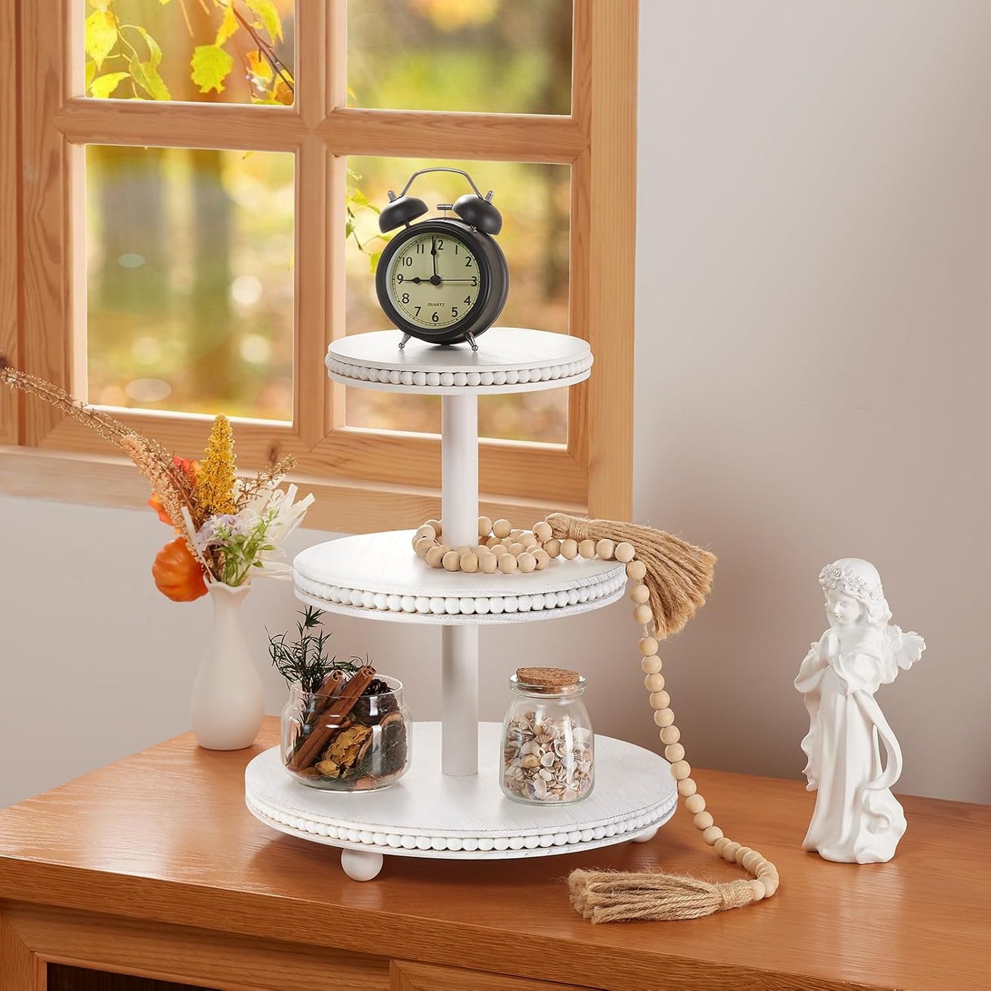 3 Tier Cupcake Stand Round,Wood Cupcake Stand with Beads,Tiered Cake Stand for 24 Cupcakes,Dessert Display Stand,Cupcake Tower for Party, Wedding, Birthday, Home Decor