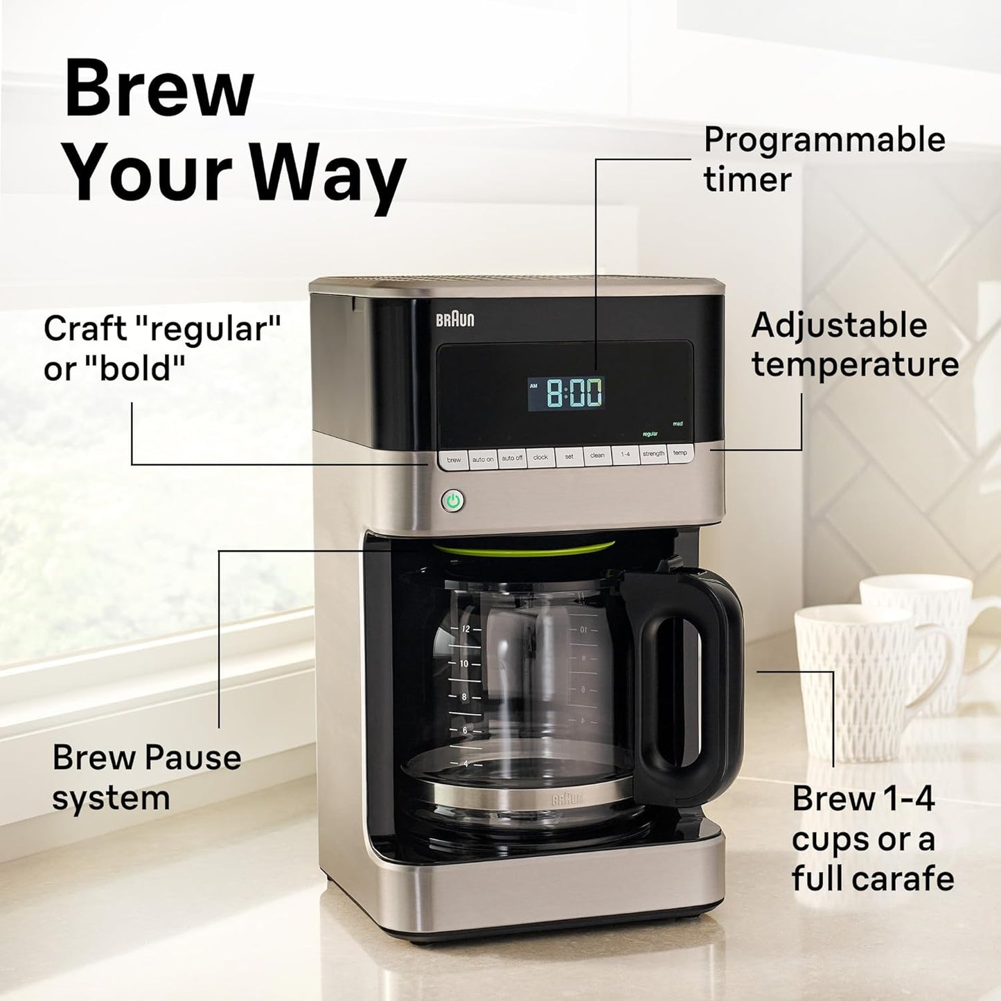 Braun BrewSense 12 Cup Drip Coffee Maker - Pause & Pour Mid Brew, Coffee Machine with 24-Hour Timer & Clock, Bold & Regular Strength, 1-4 Cup Functions, Self Clean, Auto Shutoff, Stainless Steel