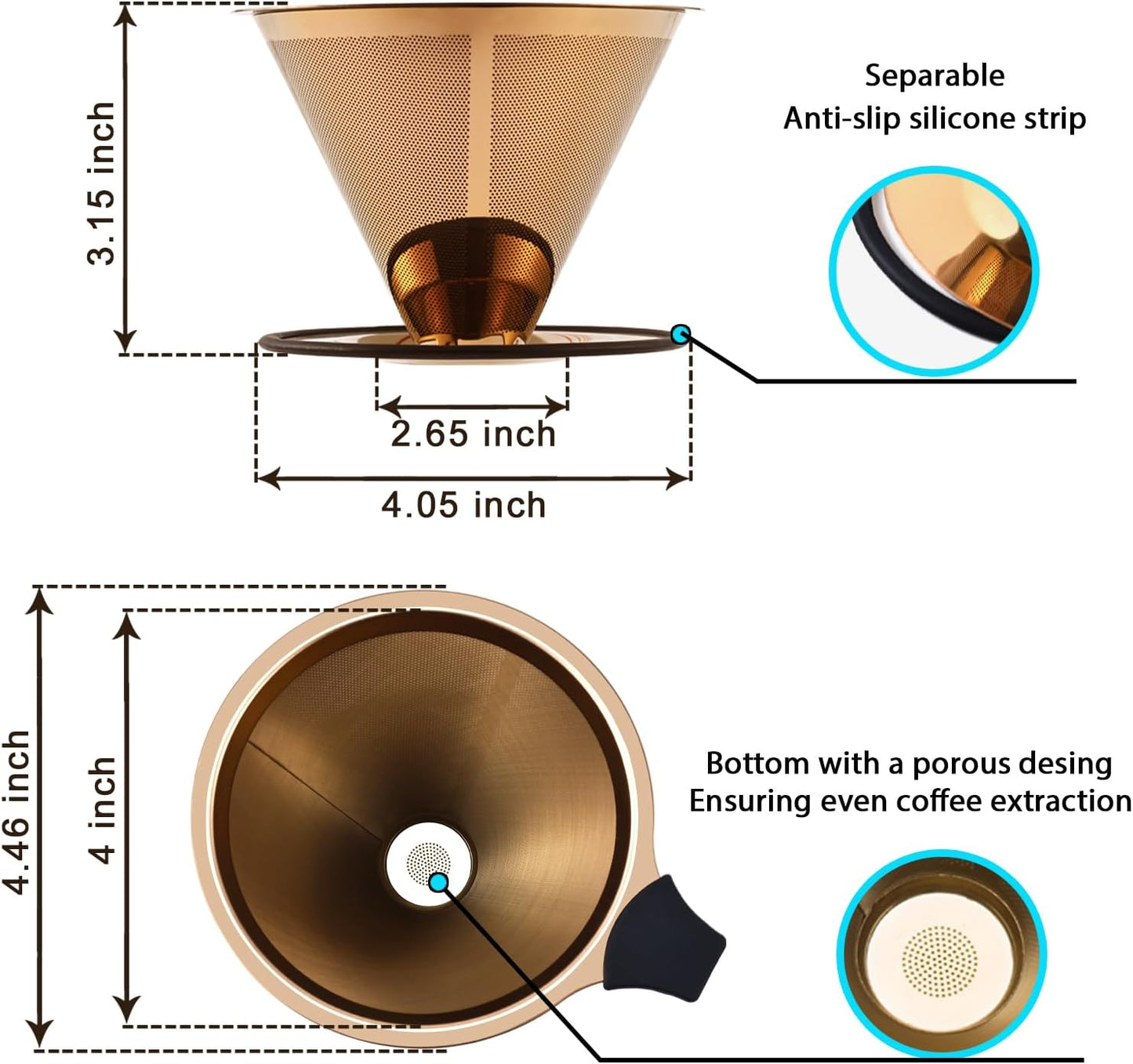 Pour Over Coffee Dripper INSINTAR Stainless Steel Drip Cone Brew Coffee Filter, Reusable Metal Coffee Strainer With Non-Slip Ring&Handle Paperless Pour Over Coffee Maker 1-4 Cup(Titanium Copper)