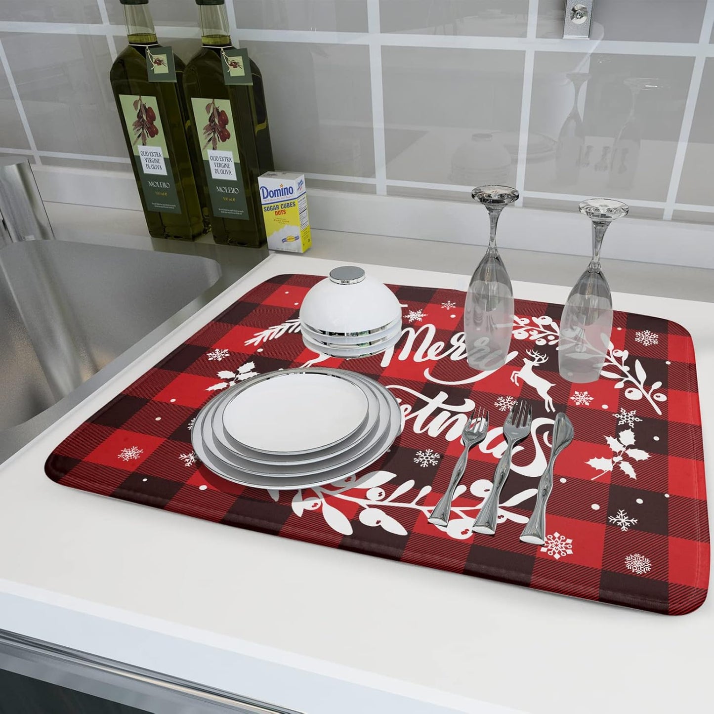 Merry Christmas Dish Drying Mat 18x24 Inch for Christmas Kitchen Counter Decor Absorbent Reversible Microfiber Red Buffalo Check Plaid Dishes Pad Dish Drainer Rack Mats Kitchen Accessories