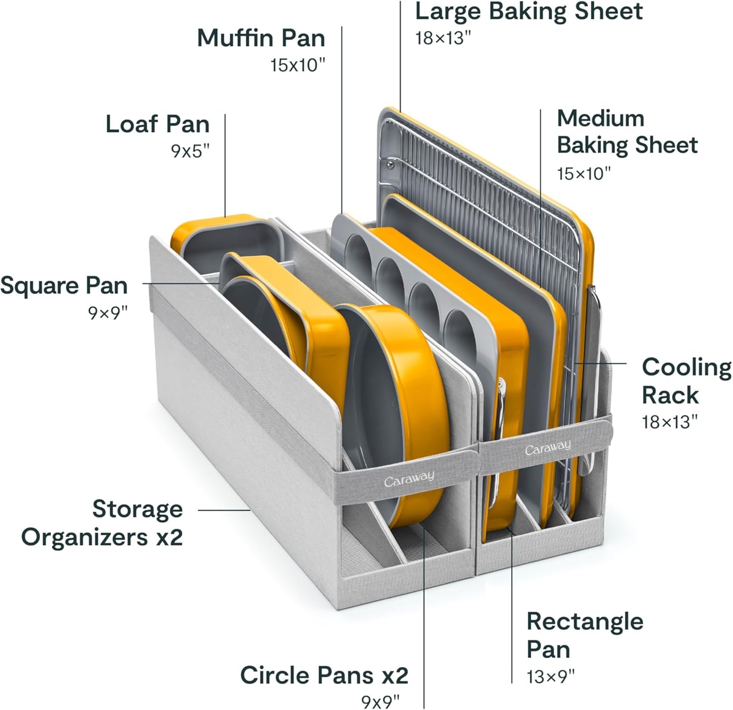 Caraway Nonstick Ceramic Bakeware Set (11 Pieces) - Baking Sheets, Assorted Baking Pans, Cooling Rack, & Storage - Aluminized Steel Body - Non Toxic, PTFE & PFOA Free - Marigold