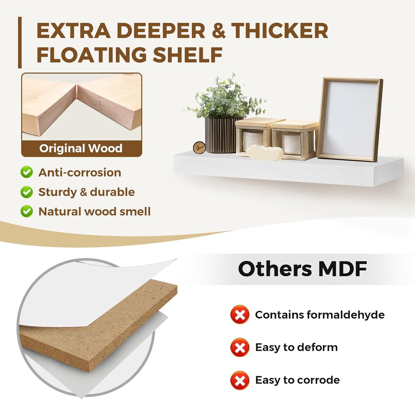 17x8x1.6 inch Floating Shelves Set of 2 – Solid Wood Rustic White Wall Mounted Shelf for Kitchen, Bathroom, Living Room