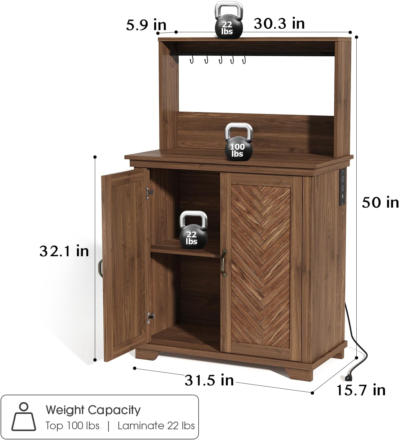 Farmhouse Coffee Bar Cabinet with Storage,31.5" Kitchen Cabinet with Hooks and Charging Station,Coffee Station with Adjustable Shelf and Hutch,Sideboard for Living Dining Room