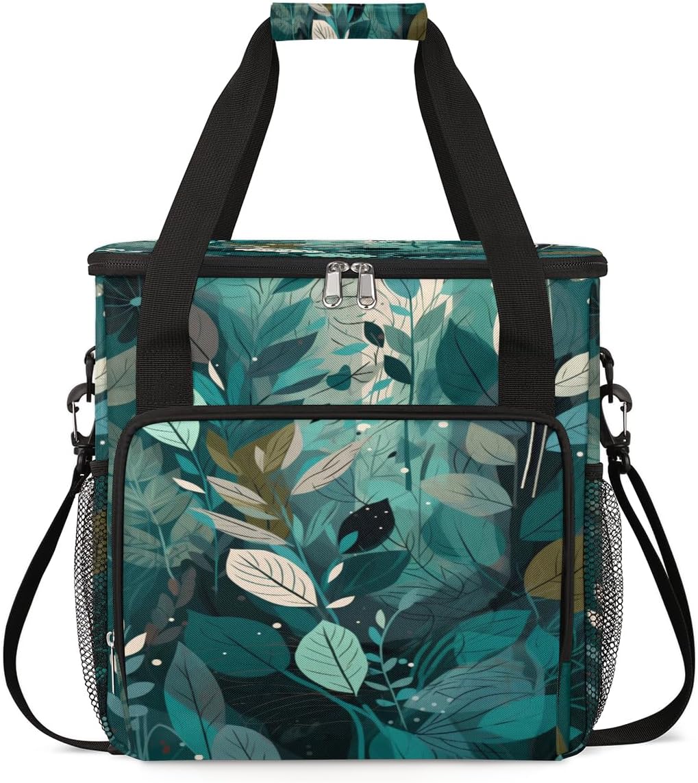 Turquoise Teal Leaves Coffee Maker Carring Bag Travel Carrying Storage Tote Bag Compatible with Keurig K-Mini or K-Mini Plus Portable Single Serve Coffee Brewer Case with Pockets for K-cup Pad