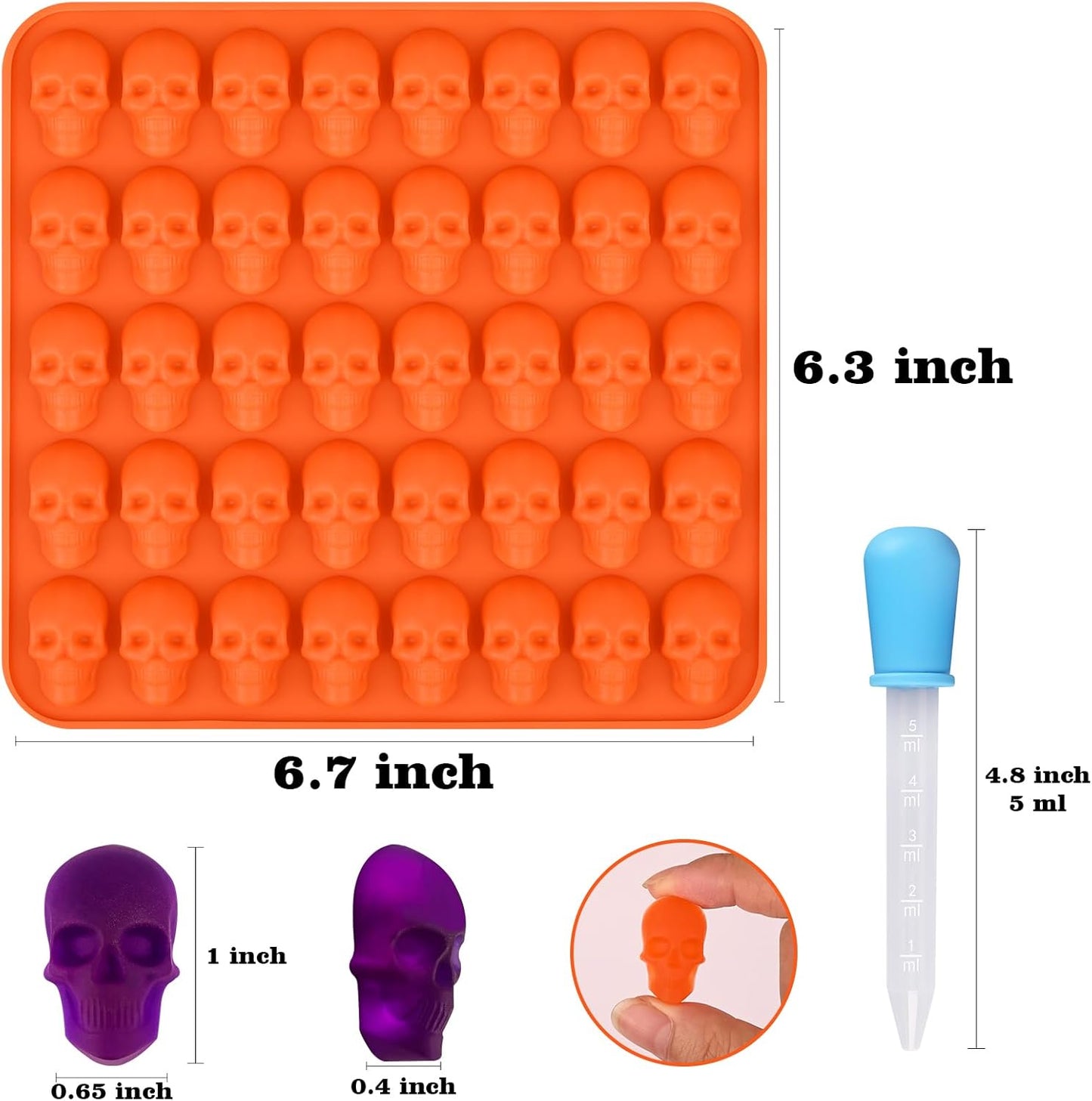 Sakolla 2 Pack Gummy Skull Candy Silicone Molds 40 Cavity Silicone Skull Molds with 2 Droppers for Halloween Chocolate, Candy,Jelly, Wax Melt, Dog Treats, Ice Cube