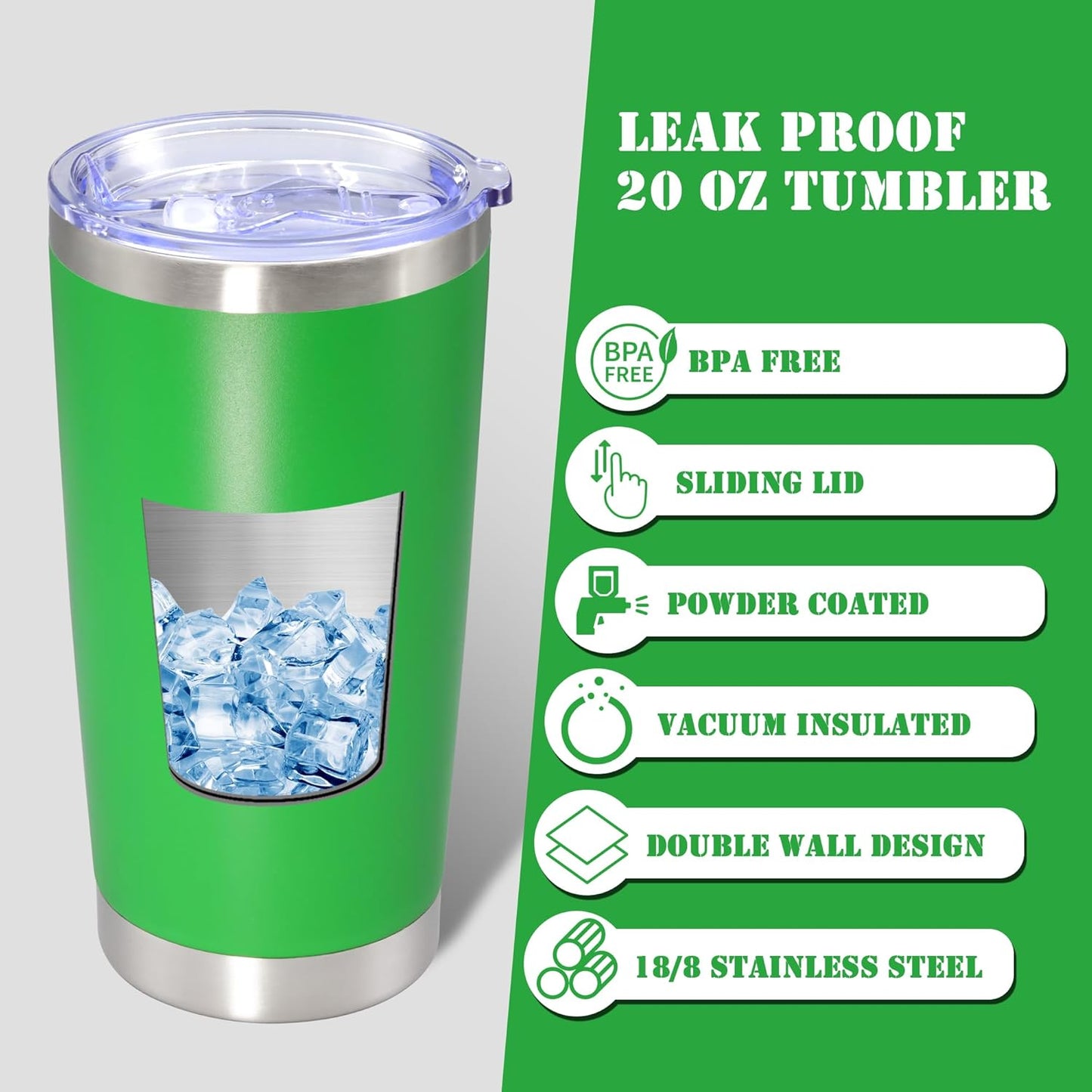 20 oz Tumbler with lid Double Wall Vacuum Insulated Tumblers Stainless Steel Coffee Mug Travel Coffee Tumbler Powder Coated Tumbler Cup Keep Hot&Cold - (Green 12 Pack)