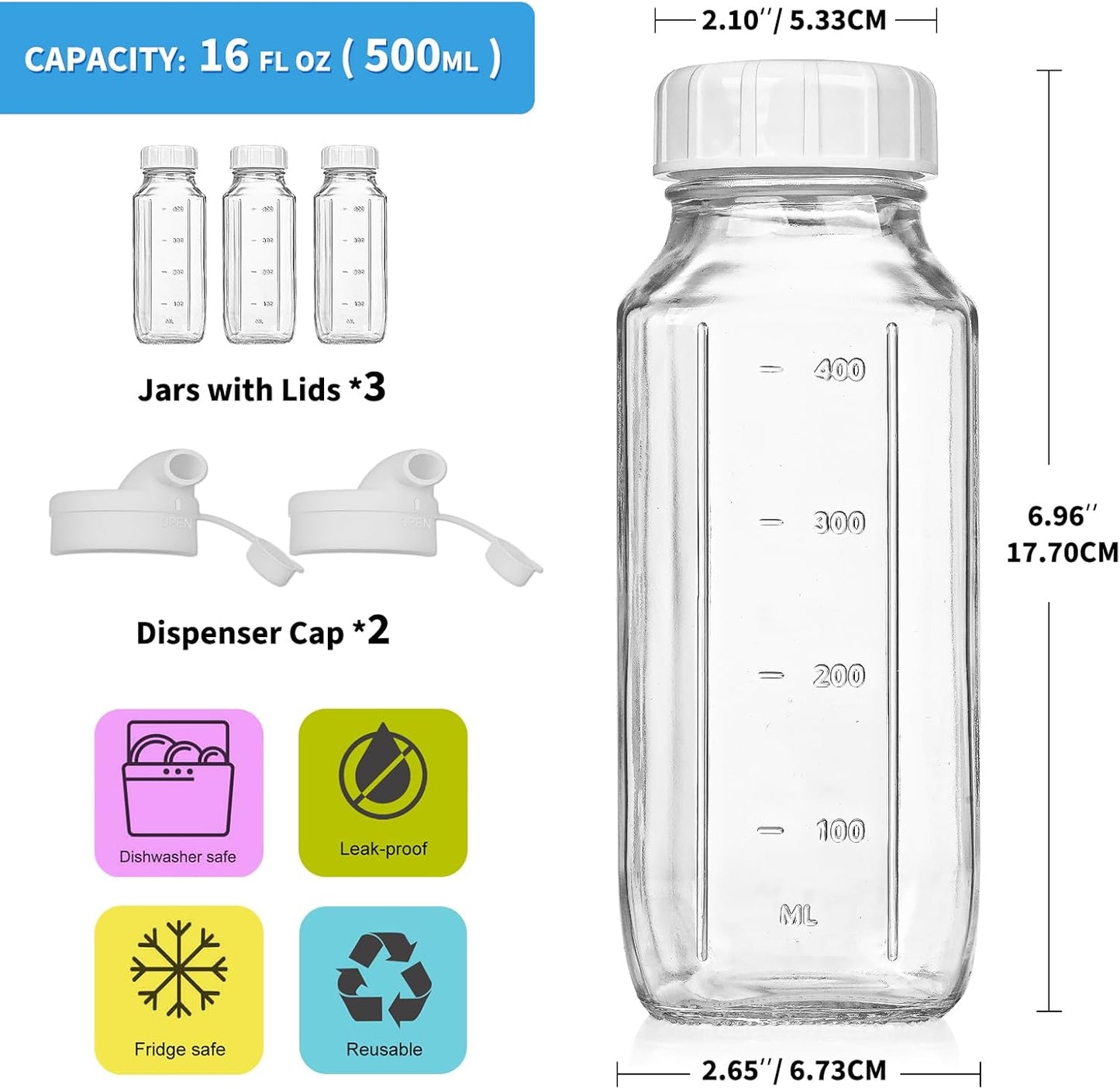 Glass Juice Bottles with Lids, 3 Pack Clear Glass Water Bottles w 2 Pour Spouts, 16 Oz Reusable Milk Jug w 100% Airtight Cap and Scale for Juicing Containers, Breast Milk Storage, Drinking Jar
