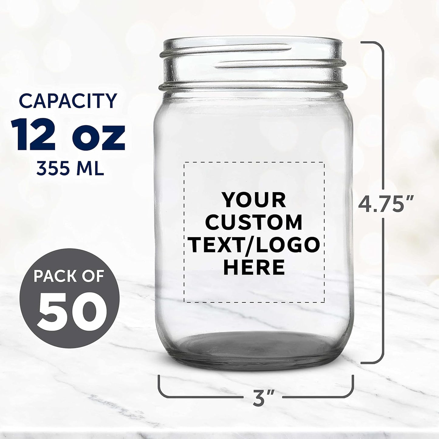 DISCOUNT PROMOS Custom Decorating Mason Jars 12 oz. Set of 50, Personalized Bulk Pack - Glass Jars for Overnight Oats, Candies, Fruits, Pickles, Spices, Beverages - Black