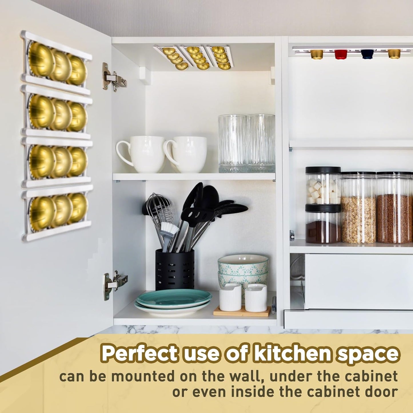 8 Pack Adhesive Coffee Pod Holder, 2 Different Size Holds 20 Capsules, Wall or Cabinet Mounted Coffee Capsule Rack with Adhesive Strips, Vertical or Horizontal Mount