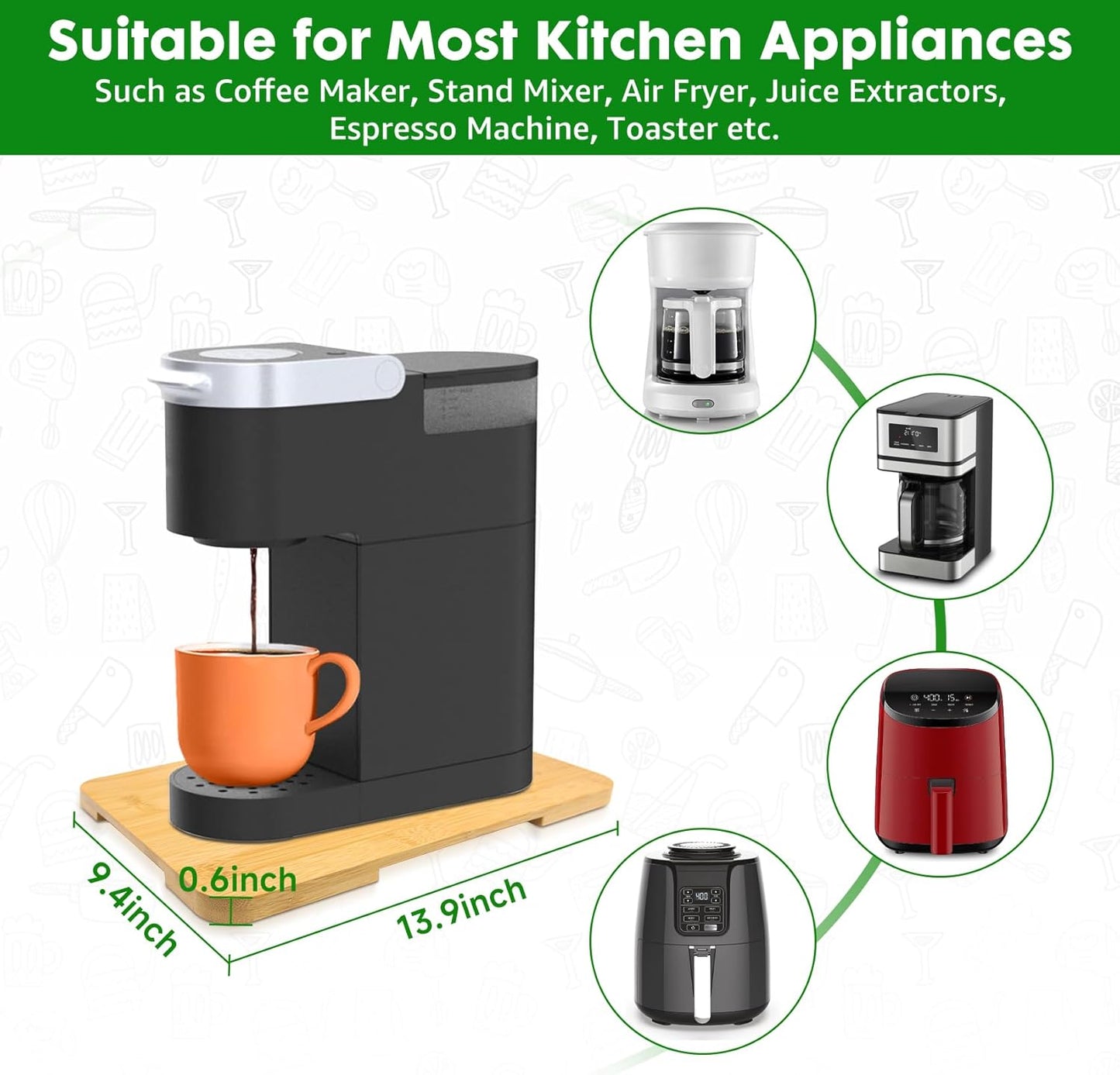 Appliance Slider 360° Rolling Tray for Coffee Maker Bamboo Coffee Pot Slider Tray Countertop Rotation Sliding Board with Wheels, Small Appliances Mat Easily from Under The Cabinet Natural(13.9"×9.4")