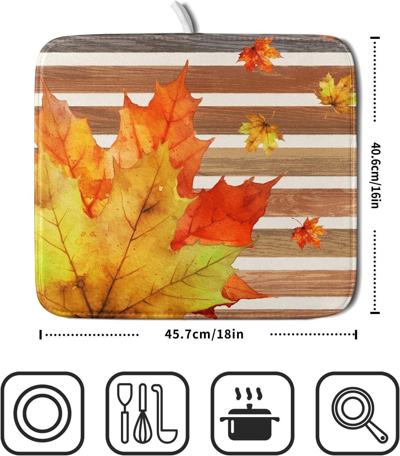Autumn Golden Maple Leaf Dish Drying Mat for Kitchen Counter,Rural Wood Light Brown Stripes Drying Mat 16 x 18 Inch Microfiber Dish Drying Pad Dish Rack Drainer Mat for Coffee Bar