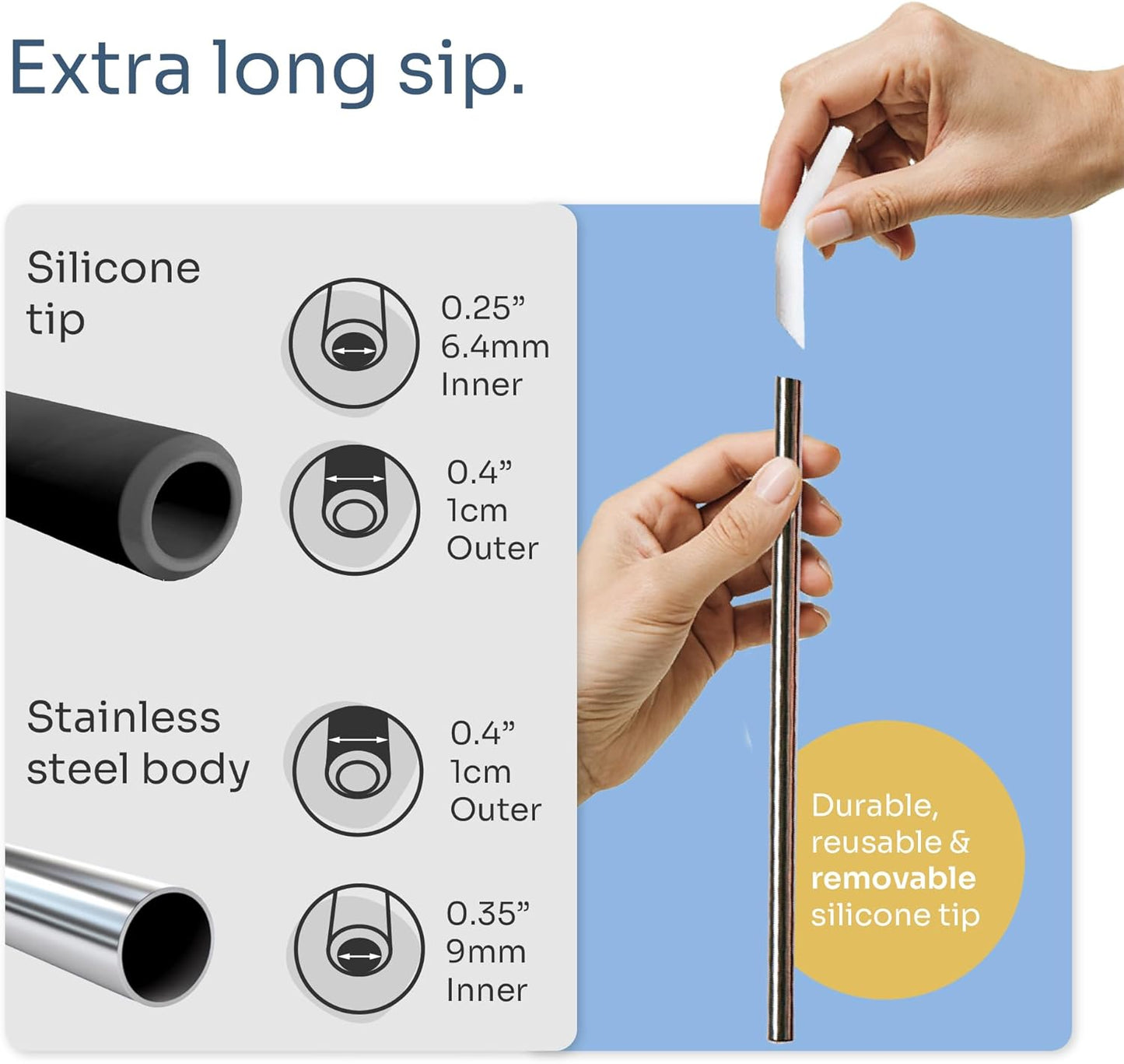 purifyou 14.5" Extra Long Stainless Steel Drinking Straws with Silicone Tips, Reusable Metal Straws for Tumblers, Smoothies, Milkshakes (Set of 5 with Brush)