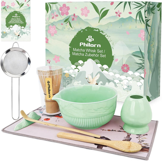 PHILORN Matcha Whisk Set 9Pcs Ceramic Matcha Kit Matcha Bowl with Spout, Whisk, Holder, Bamboo Scoop, Scoop Rest, Sifter and Tea Towe for Matcha Lover and Tea Ceremony (Cyan)