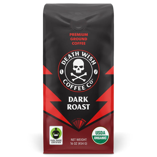 Death Wish Coffee, Organic and Fair Trade Dark Roast Ground Coffee, 16 oz