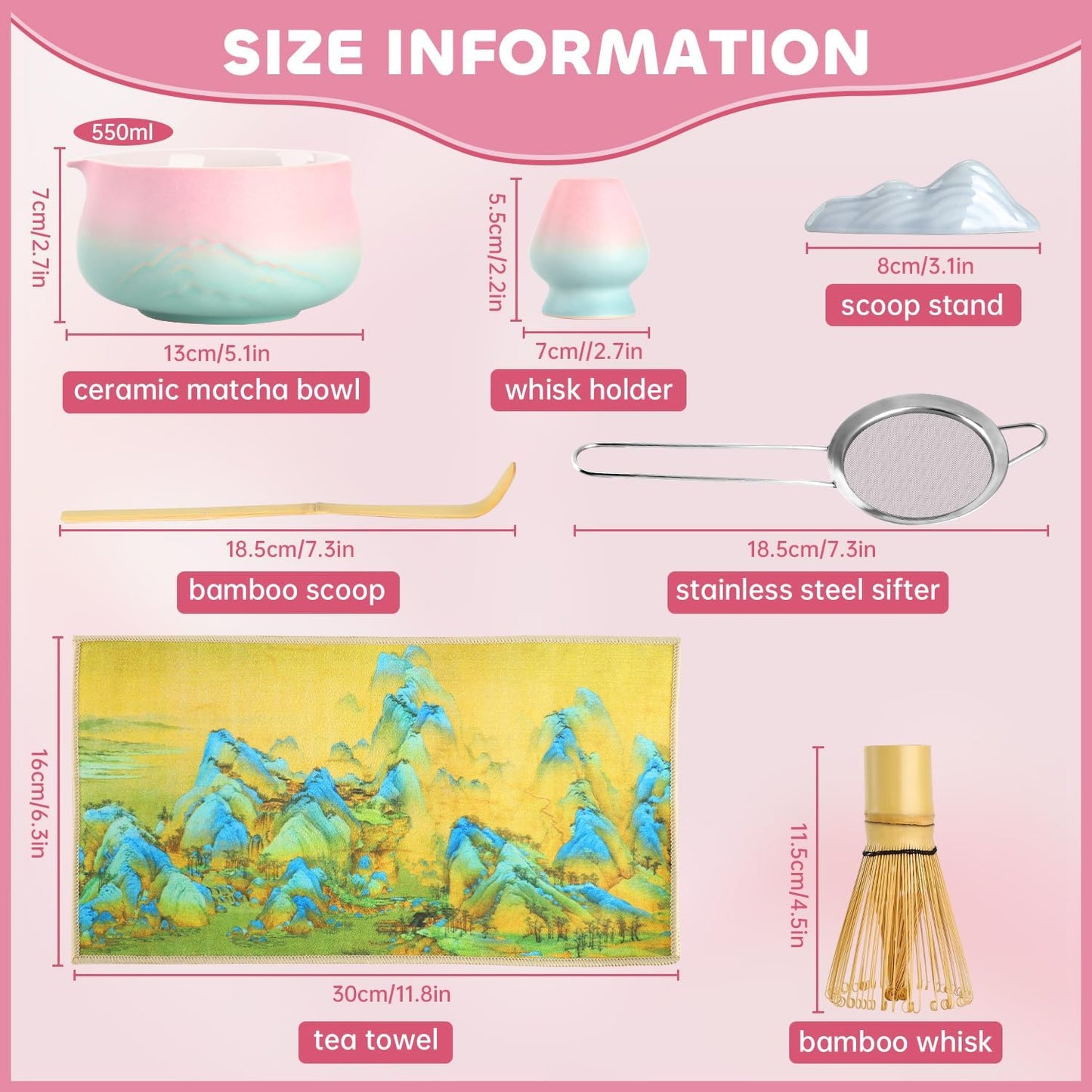 Matcha Whisk Set, Matcha Kit 7 Pcs Includes Bowl, Whisk and Holder, Bamboo Scoop, Scoop Rest, Sifter and Tea Towel, Matcha Kit Set for Tea Ceremony