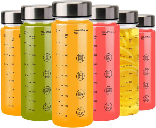 6 Pack Juice Bottles with Caps - Wide Mouth Resuable Clear Plastic Water Bottles for Juicing,Smoothie,Protein, Beverage,Storage Containers,BPA Free,Leakproof Stainless Steel Lid(16 Ounces)