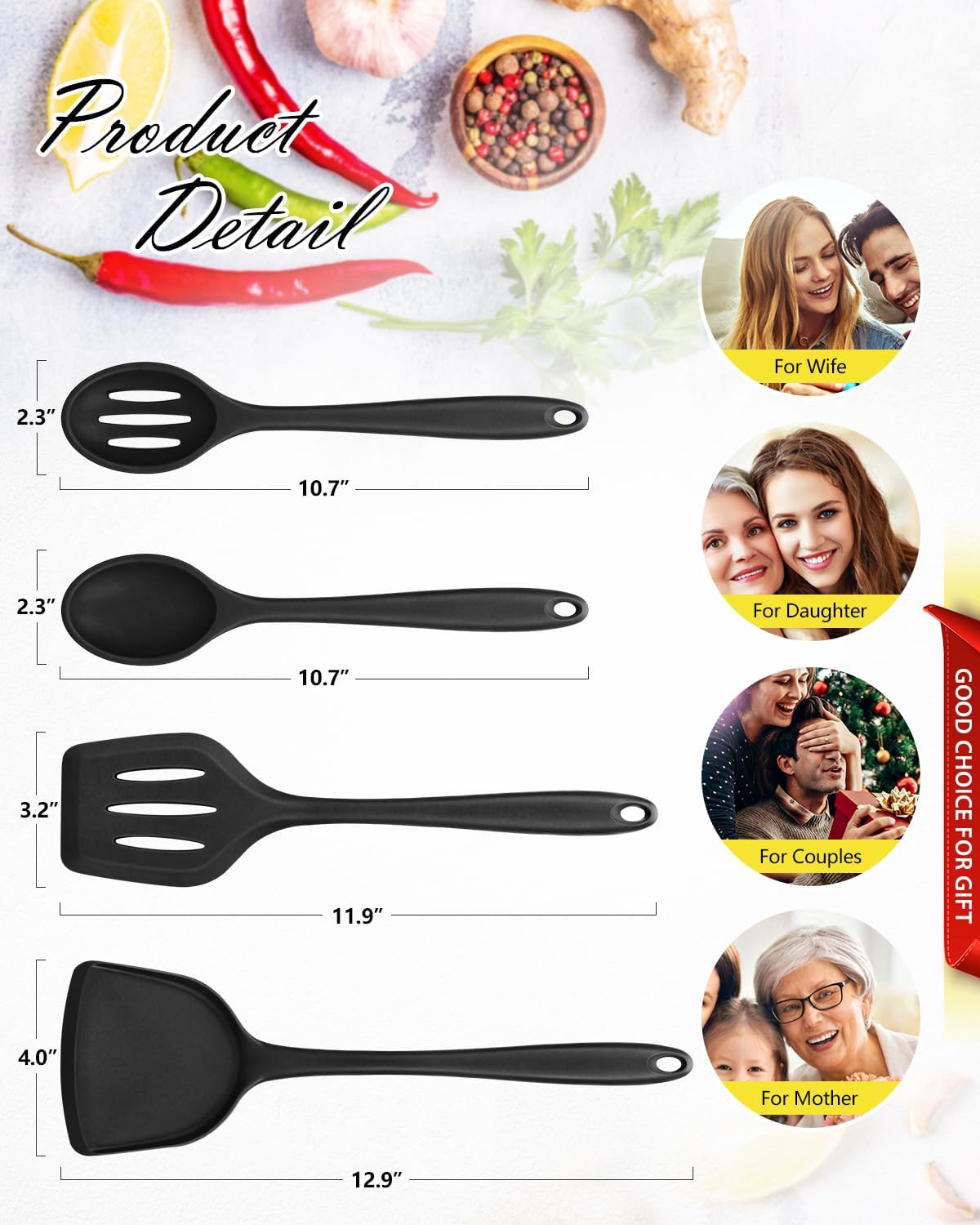 4 Pcs Silicone Kitchen Utensils Set, Wok Spatulas-Slotted Turner-Cooking Spoon-Slotted Spoon, Nonstick BPA Free High Heat Resistant Cooking Utensils for Frying, Mixing, Serving, Draining, Stirring