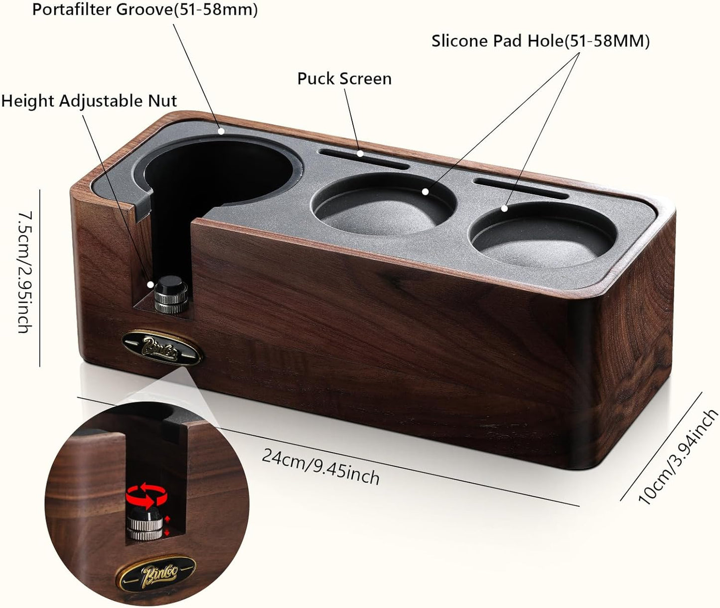 Bincoo Espresso Tamper Station - Walnut Wood Espresso Organizer for Storage 51-58mm Tamper,Distributor,Portafilter,Puck Screen,Coffee Station Holder for Coffee Bar, Adjustable Height