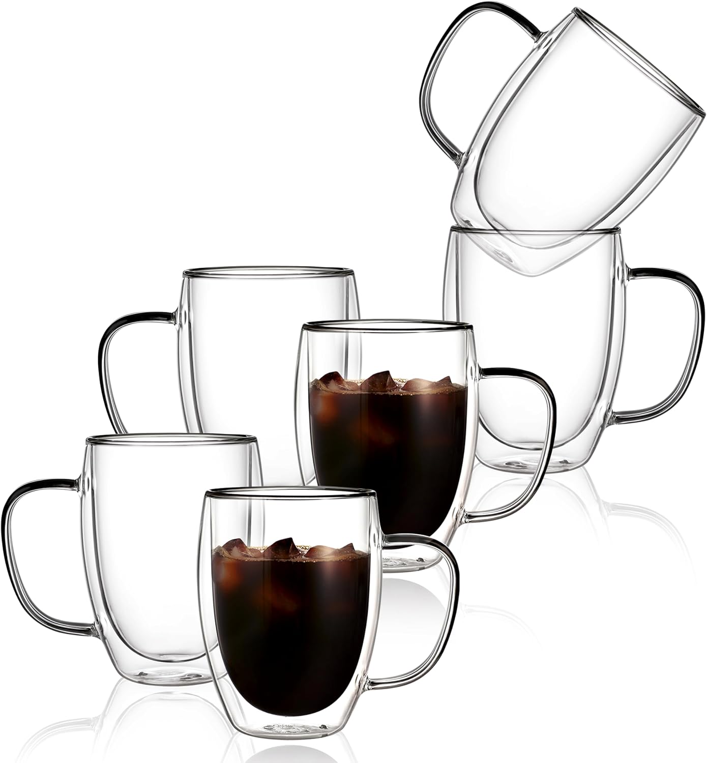 CNGLASS 6 Pack Double Walled Glass Coffee Mugs，12oz Clear Coffee Cups with Handle，Insulated Glass Espresso Mugs for Latte,Cappuccino,Tea