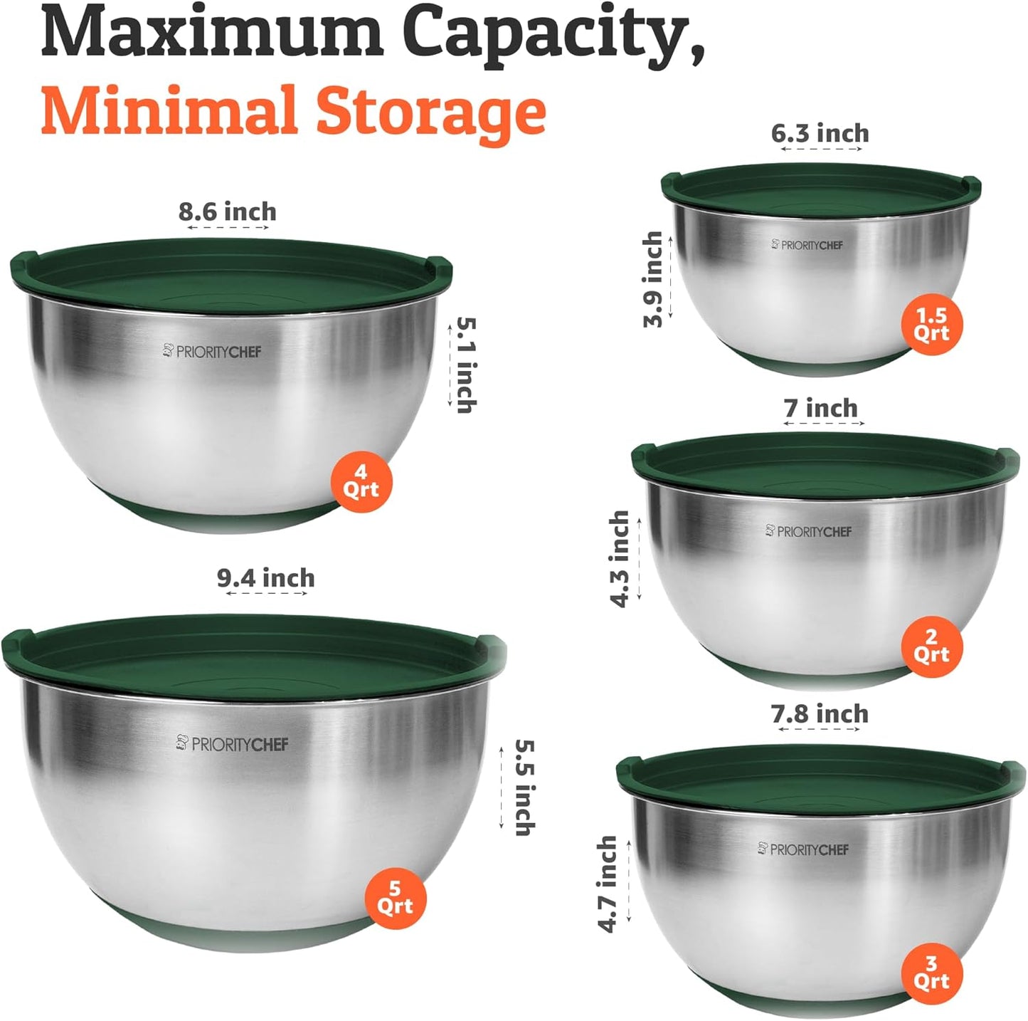 Priority Chef Premium Mixing Bowls With Airtight Lids Set, Thicker Stainless Steel Mixing Bowl Set, Large Prep Metal Bowls with Lids, Nesting Bowls for Kitchen, 1.5/2/3/4/5 Qrt, Green