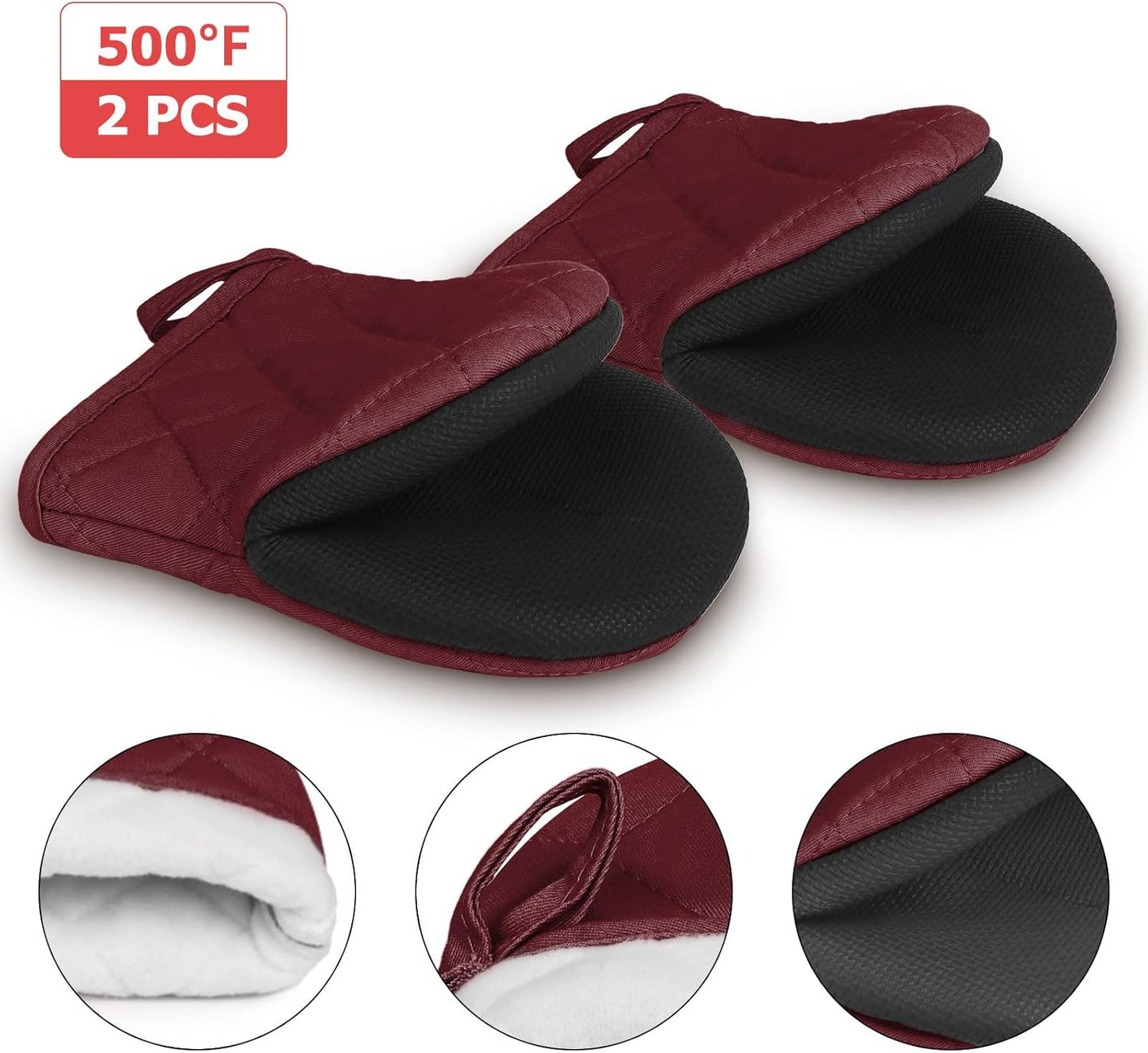 1 Pair Short Oven Mitts, Heat Resistant Silicone Kitchen Mini Oven Mitts for 500 Degrees, Non-Slip Grip Surfaces and Hanging Loop Gloves, Baking Grilling Barbecue Microwave Machine Washable